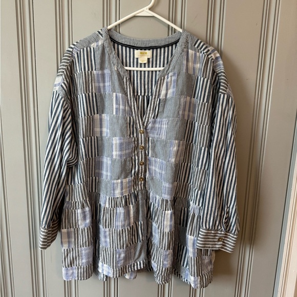 Maeve Anthropologie Size XL Zoe Swing Top Striped Patchwork Oversized Blue White - Picture 9 of 16